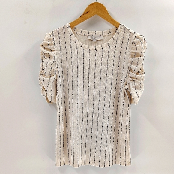 LOFT Blouse Size Large Cream With Black Stripe Ruching Short Sleeve Runs Small - Picture 1 of 7